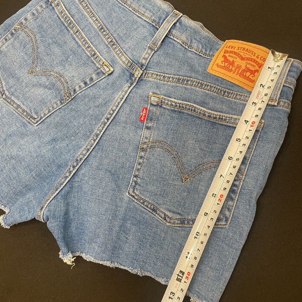 ~ Levi's 29 Jean Shorts Cut Off Hi-Rise Med Wash Distressed Frayed Raw Rips Blue - Picture 9 of 13